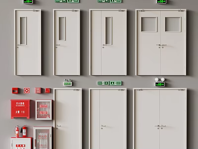 Fire Safety Doors And Emergency Equipment With Red Fire Extinguishers 3d model