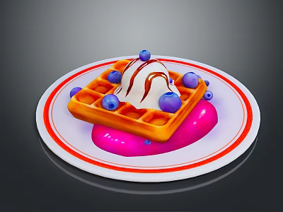 Waffle With Ice Cream Drizzled Sauce And Fresh Blueberries On White Plate Red Stripes 3d model
