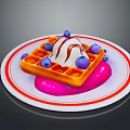 Waffle With Ice Cream Drizzled Sauce And Fresh Blueberries On White Plate Red Stripes