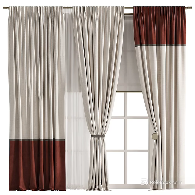 Beige And Dark Brown Curtains With Panel Design Sheer Layer And Tiebacks For Window 3d model 