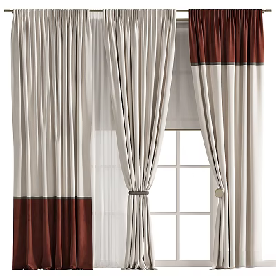Beige And Dark Brown Curtains With Panel Design Sheer Layer And Tiebacks For Window 3d model