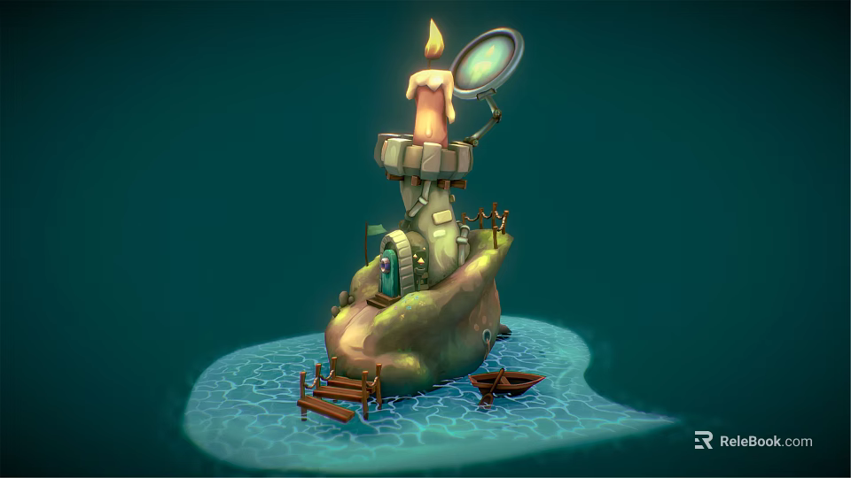 Cartoon Scene Featuring Rock Structure Lit Candle Magnifying Glass Small Buildings Wooden Boats On Water 3d model 