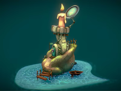 Cartoon Scene Featuring Rock Structure Lit Candle Magnifying Glass Small Buildings Wooden Boats On Water 3d model