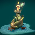 Cartoon Scene Featuring Rock Structure Lit Candle Magnifying Glass Small Buildings Wooden Boats On Water