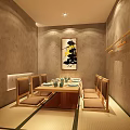 Cozy Japanese Restaurant With Cherry Blossom Trees Wooden Decor And Open Layout