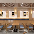 Modern Restaurant Interior With Wooden Ceiling Hanging Lamps And Counter Seating