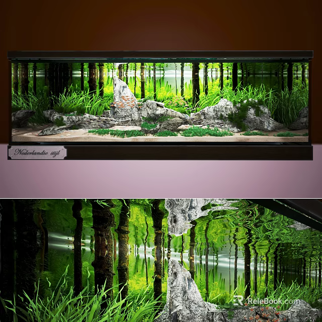 Natural Aquarium Tank Landscape With Lush Aquatic Plants Rock Decor And Reflections 3d model 