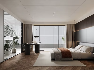 Modern Living and Dining Area Interior With Herringbone Floor Large Windows and Greenery 3d model