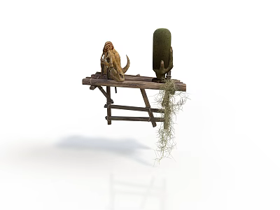 Hanging Wooden Shelf With Stuffed Toy Green Cylindrical Object And Hanging Moss 3d model
