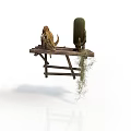 Hanging Wooden Shelf With Stuffed Toy Green Cylindrical Object And Hanging Moss