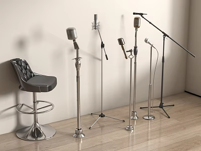 Vintage Microphones With Metal Stands And Black Leather Bar Stool In Studio 3d model