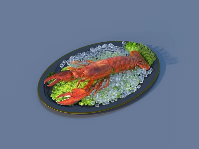 Fresh Cooked Lobster Served on Black Plate with Ice Cubes and Green Vegetables 3d model