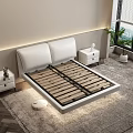 Modern Double Bed With White Headboard Pillows Nightstands And Rug On Light Gray Wall