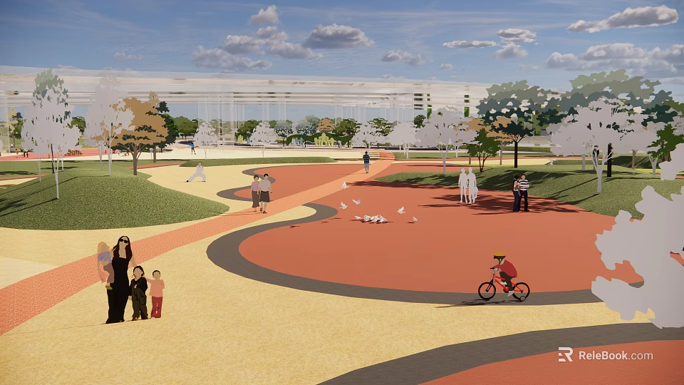 Park Landscape With Curved Pathways Green Lawns Trees Children Biking And Families Walking 3d model 