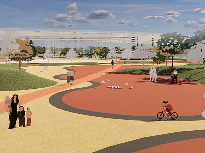 Park Landscape With Curved Pathways Green Lawns Trees Children Biking And Families Walking 3d model