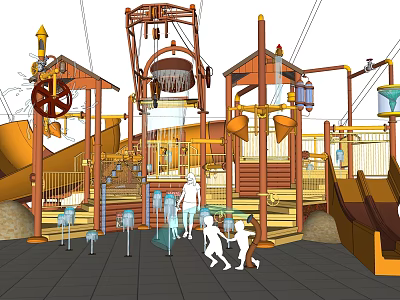 Outdoor Wooden Playground Equipment With Slides Climbing Structures And Water Features For Children 3d model