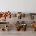 Solid Wood Tea Table With Log Coffee Table Tree Root Platform And Stump Stools 3d model