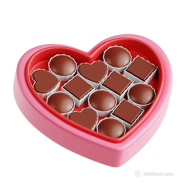 Assorted Chocolate Candies In Pink Heart Shaped Gift Box With Various Shapes 3d model 