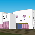 Modern White School Building With Geometric Shapes Circular Windows And Blue Green Ground