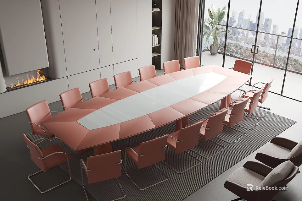 Modern Pink Oval Conference Table With Chairs And City View Through Floor-to-Ceiling Windows 3d model 