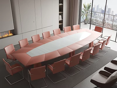 Modern Pink Oval Conference Table With Chairs And City View Through Floor-to-Ceiling Windows 3d model