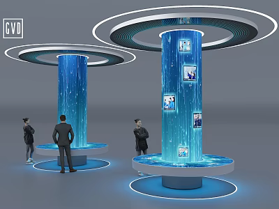 Technology Exhibition Hall Featuring Interactive Blue Light Columns With Images And Illuminated Base 3d model