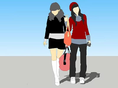 Two Women Walking Together With Black Top White Boots Red Sweater And Pink Handbag 3d model
