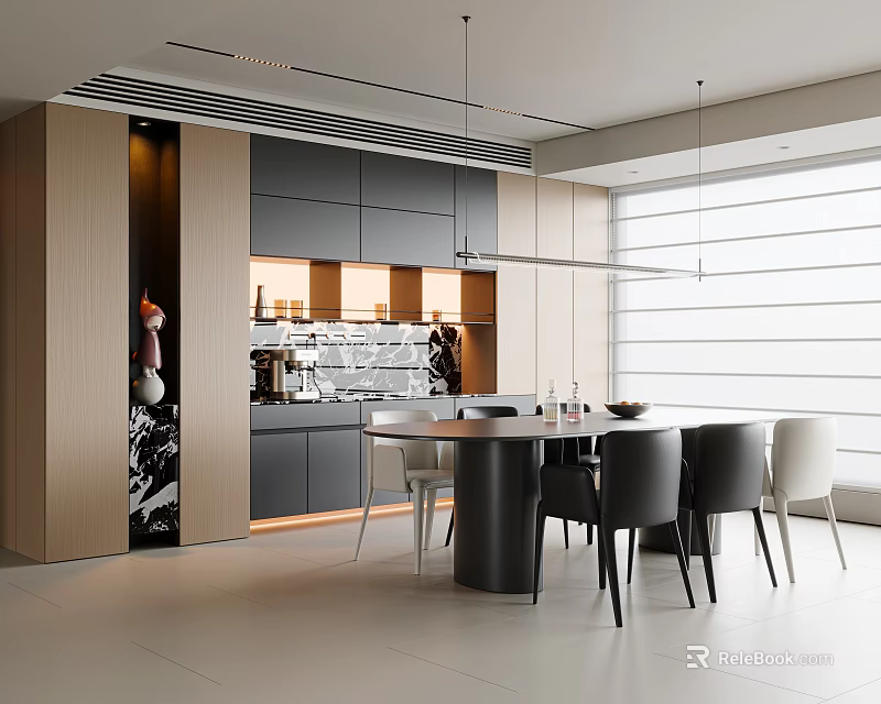 Modern Restaurant Interior With Open Kitchen Round Dining Table Chairs And Hanging Lights 3d model 
