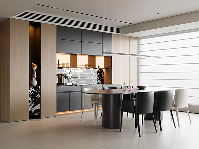 Modern Restaurant Interior With Open Kitchen Round Dining Table Chairs And Hanging Lights 3d model