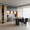 Modern Restaurant Interior With Open Kitchen Round Dining Table Chairs And Hanging Lights
