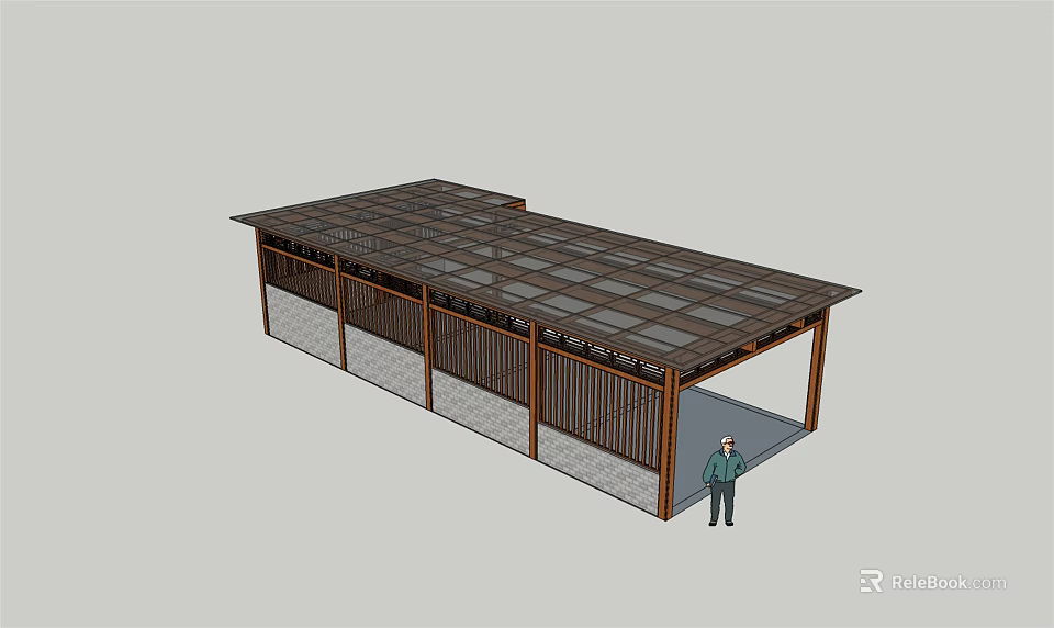 Outdoor Wooden Pergola Structure With Transparent Roof Lattice Panels And Person Standing 3d model 