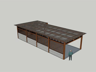 Outdoor Wooden Pergola Structure With Transparent Roof Lattice Panels And Person Standing 3d model