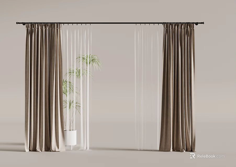 Brown Roman Curtains With White Sheer Curtains And Green Plant In White Pot 3d model 