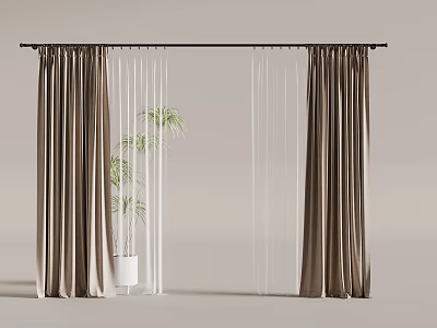 Brown Roman Curtains With White Sheer Curtains And Green Plant In White Pot 3d model