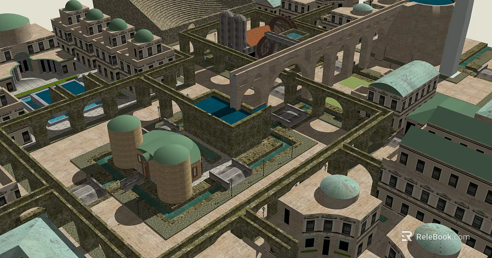 Ancient Architecture With Green Domes Arched Structures And Traditional Courtyards 3d model 