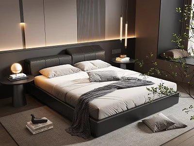 Modern Double Bed Interior With Black Headboard White Linens Gray Throw And Green Plant 3d model