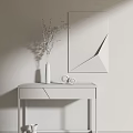 Stylish Console Table With Wooden Top Black Metal Legs Vase Artwork And Geometric Mirror