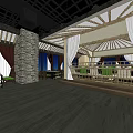 Elegant Clubhouse Interior With Wooden Roof Structure White Curtains Stone Walls And Seating Area