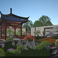 Chinese Style Garden Pavilion with Blue Roof Red Pillars and Surrounding Greenery Rock Formations