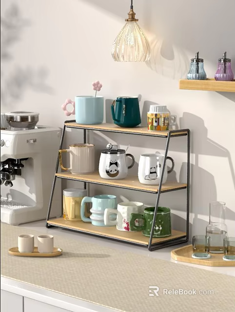 Multi Tiered Wooden Metal Storage Shelf Rack With Colorful Mugs And Coffee Machine 3d model 