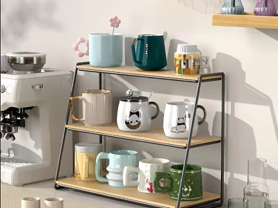 Multi Tiered Wooden Metal Storage Shelf Rack With Colorful Mugs And Coffee Machine 3d model