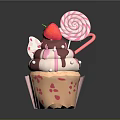 Pink Cupcake With Swirl Cream Chocolate Drizzle Fresh Strawberry And Striped Lollipop Decorative Paper Case