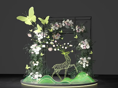 Floral Installation Featuring Butterflies Deer Sculpture White Pink Flowers Green Plants And Lighted Wavy Base 3d model