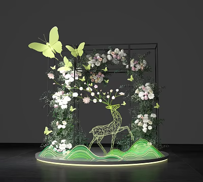 Floral Installation Featuring Butterflies Deer Sculpture White Pink Flowers Green Plants And Lighted Wavy Base 3d model