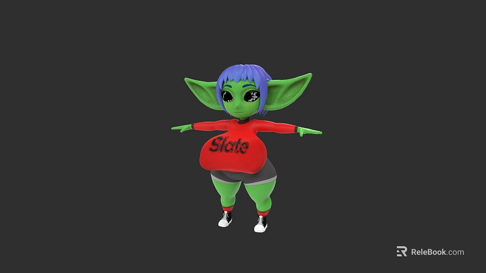Green Skinned Game Character With Purple Hair Red Slista Shirt And Pointed Ears 3d model 