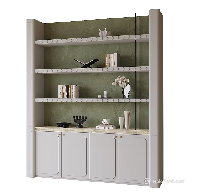 White Bookcase with Green Wall Background Shelves Books and Decorative Items 3d model 
