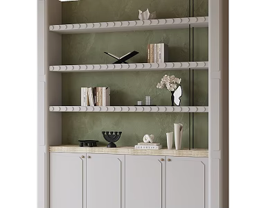 White Bookcase with Green Wall Background Shelves Books and Decorative Items 3d model