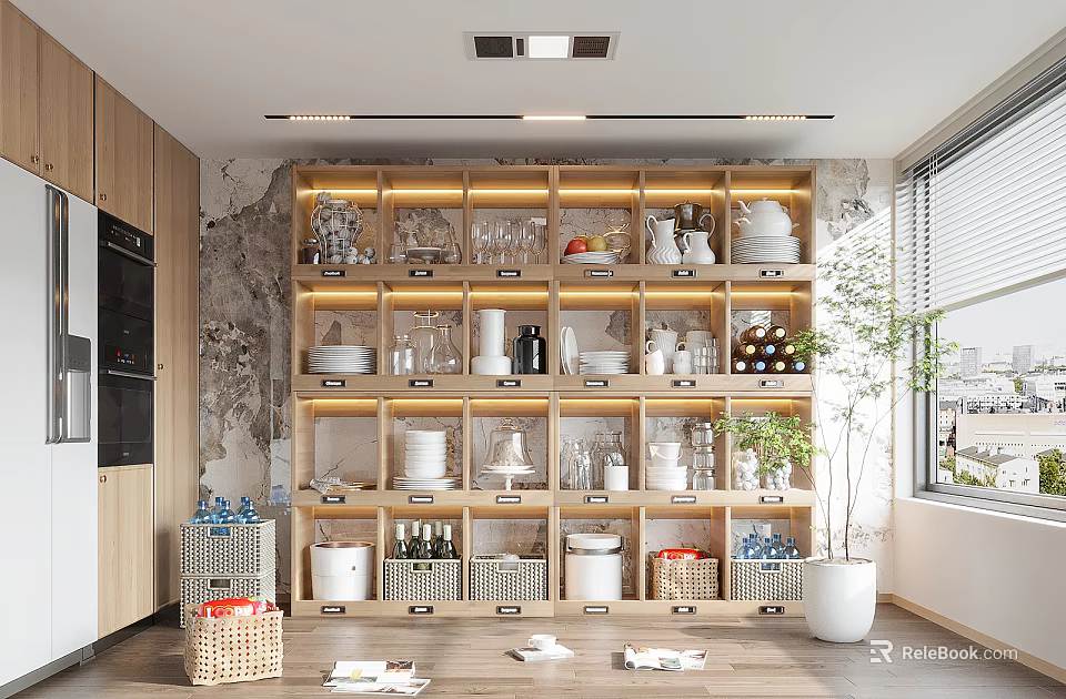 Modern Kitchen Interior With Wooden Cabinets Glass Door Shelves Stone Wall Storage Baskets And Potted Plant 3d model 