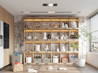 Modern Kitchen Interior With Wooden Cabinets Glass Door Shelves Stone Wall Storage Baskets And Potted Plant 3d model