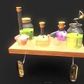 Decorative Wall Cabinet with Wooden Shelf and Colorful Bottles in Various Shapes and Metal Brackets